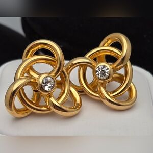 Gold-Tone Knot Stud Earrings w/ Crystal Center 1” Classic Statement